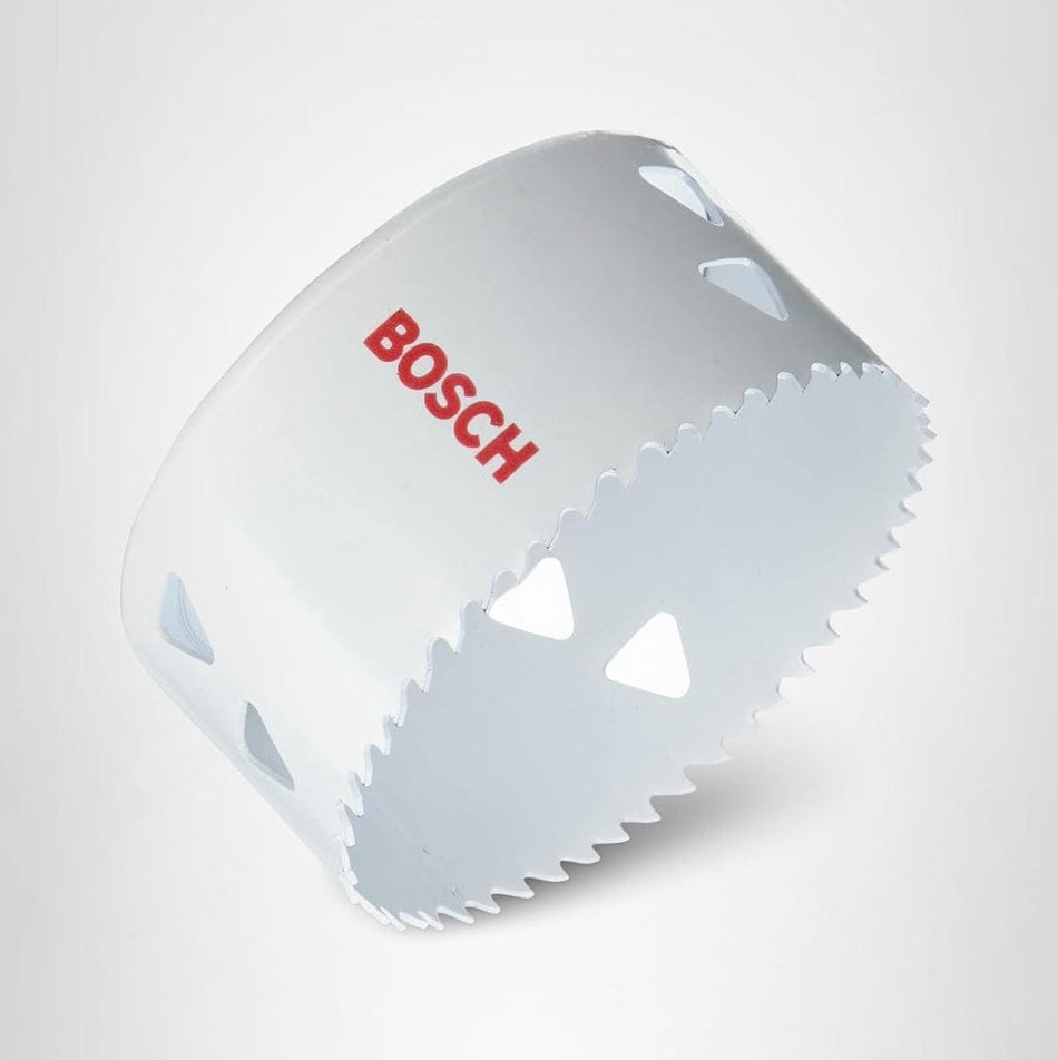 Studio view of the white Bosch HBT387 3-7/8 inch bi-metal hole saw featuring the red Bosch logo and triangular side slots.