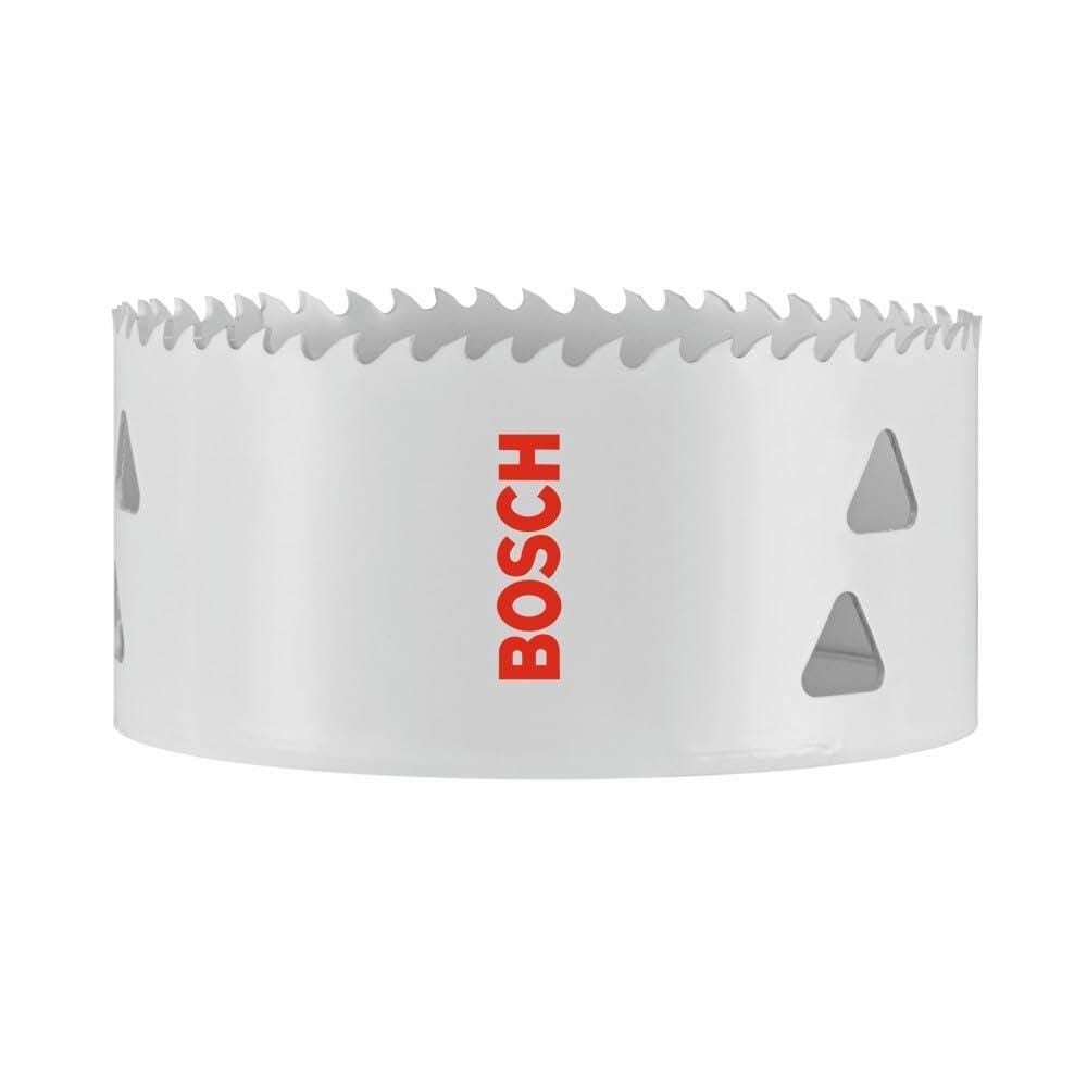 A studio shot of the white 4-inch Bosch HBT400 bi-metal hole saw, showing its Progressor tooth design and triangle plug removal slots.