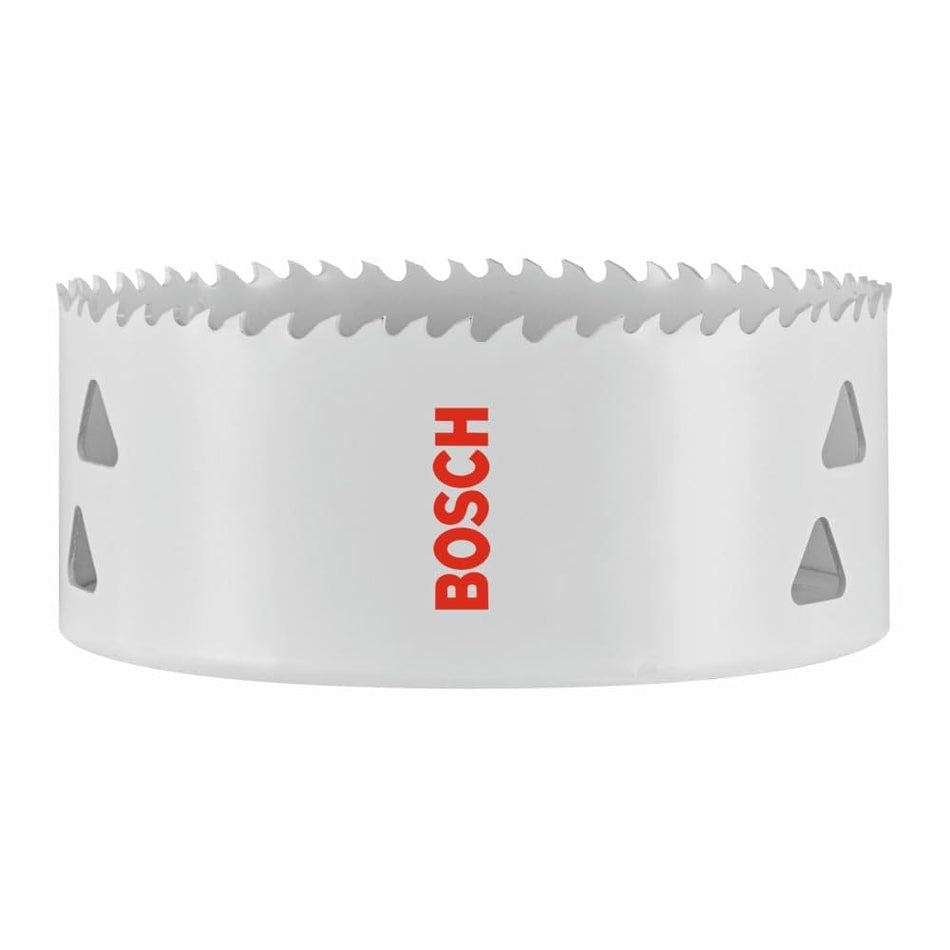Studio view of the white Bosch HBT450 4-3/4 inch bi-metal hole saw featuring the red Bosch logo and triangular side slots.