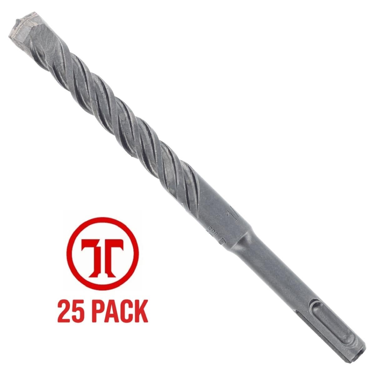 Bosch SDS Plus Bulldog concrete hammer drill bit from a 25 pack contractor kit, showing a dark gray steel percussion accessory with deep core spiral dust extraction flutes, an integrated SDS-Plus shank base, and a dual cutter carbide tip, featured alongside a red circular brand logo graphic specifying 25 Pack in bold lettering isolated on a white background.