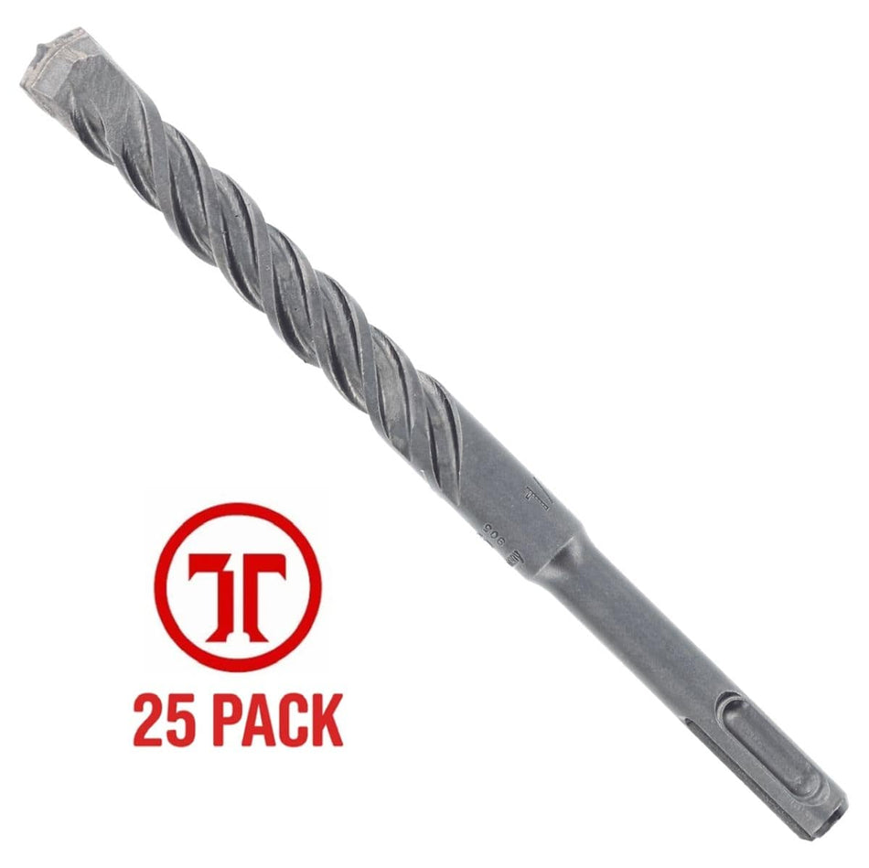 Bosch SDS Plus Bulldog concrete hammer drill bit from a 25 pack contractor kit, showing a dark gray steel percussion accessory with deep core spiral dust extraction flutes, an integrated SDS-Plus shank base, and a dual cutter carbide tip, featured alongside a red circular brand logo graphic specifying 25 Pack in bold lettering isolated on a white background.