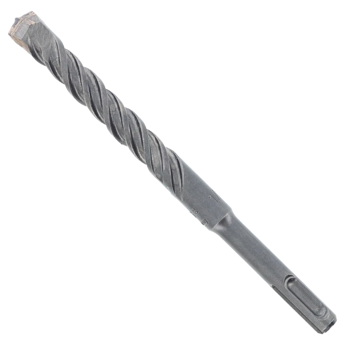 Bosch SDS Plus Bulldog masonry drill bit profile view displaying the complete heavy-duty steel alloy hardware design from the bulk percussion kit, featuring an advanced dual flute spiral core engineered for rapid powder clearing, a reinforced transition collar, and a precision anchor boring carbide tipped head isolated diagonally on a white background.