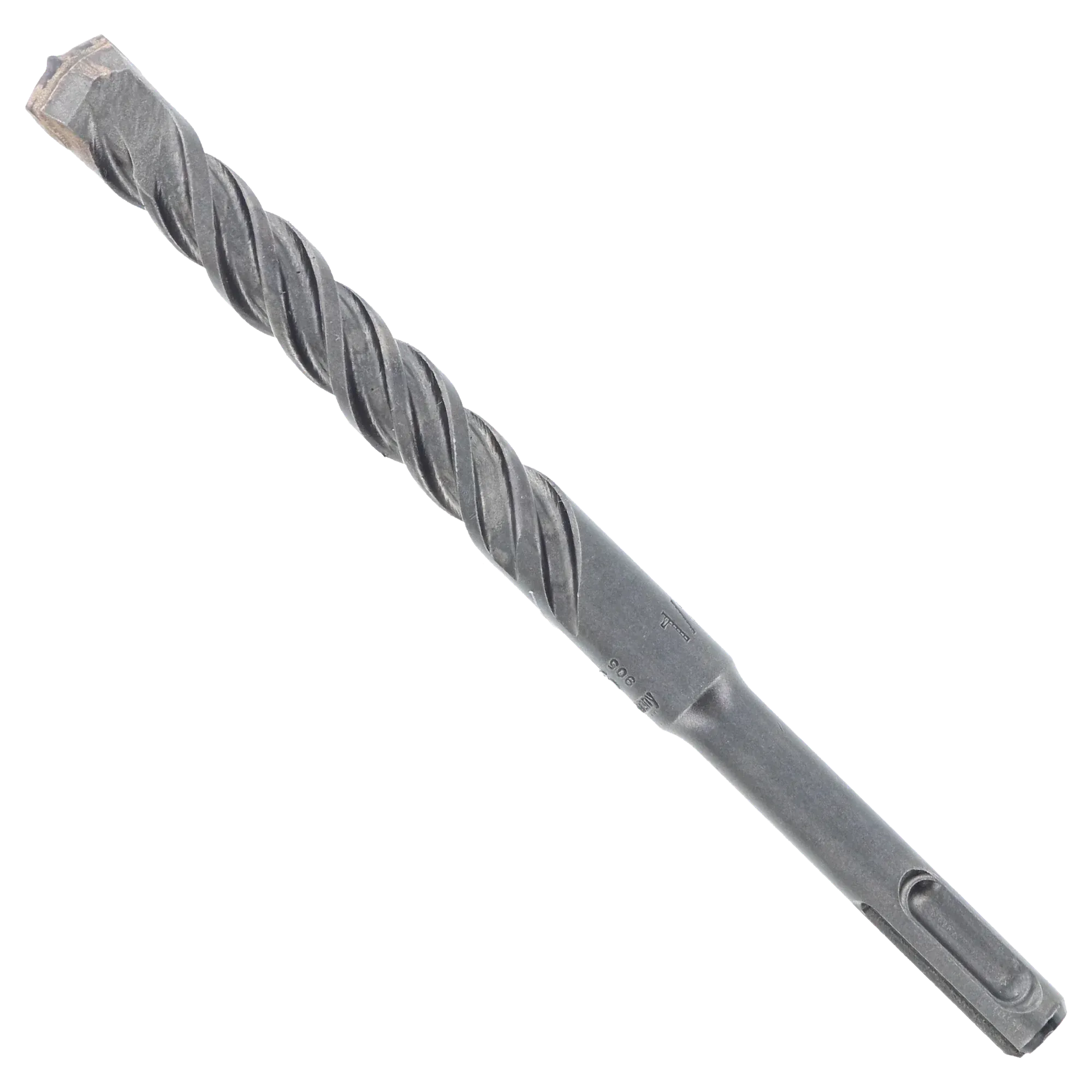 Bosch SDS Plus Bulldog masonry drill bit profile view displaying the complete heavy-duty steel alloy hardware design from the bulk percussion kit, featuring an advanced dual flute spiral core engineered for rapid powder clearing, a reinforced transition collar, and a precision anchor boring carbide tipped head isolated diagonally on a white background.