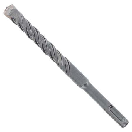 Bosch SDS Plus Bulldog masonry drill bit profile view displaying the complete heavy-duty steel alloy hardware design from the bulk percussion kit, featuring an advanced dual flute spiral core engineered for rapid powder clearing, a reinforced transition collar, and a precision anchor boring carbide tipped head isolated diagonally on a white background.