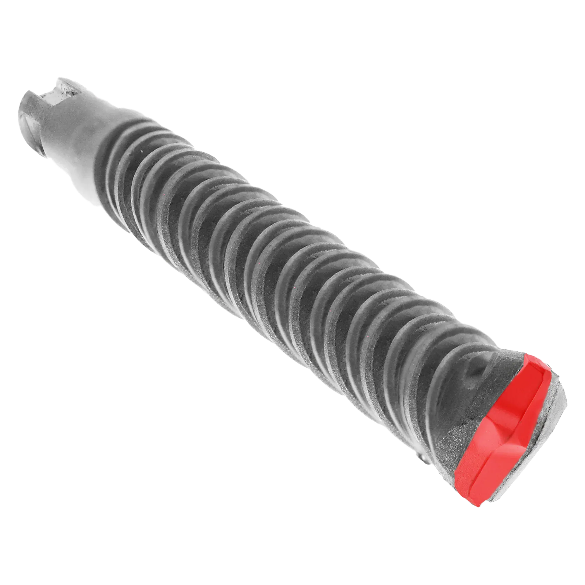 Bosch SDS Plus Bulldog masonry drill bit profile view displaying the complete heavy-duty steel alloy hardware design from the bulk percussion kit, featuring an advanced dual flute spiral core engineered for rapid powder clearing, a reinforced transition collar, and a precision anchor boring carbide tipped head isolated diagonally on a white background.