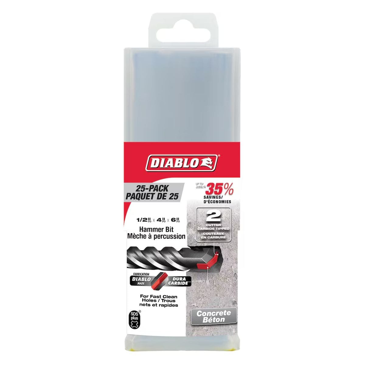 Diablo 25 pack contractor bulk packaging display for a 1/2 inch by 6 inch SDS Plus hammer bit set, highlighting a retail hanging case layout with red brand banner graphics, clear callouts for a 2 cutter carbide tipped design offering 35 percent savings, and technical diagrams illustrating high performance concrete anchor boring applications.