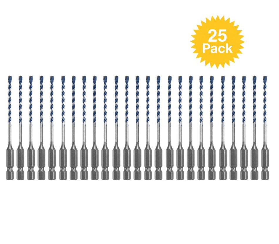 Studio view of twenty-five Bosch BlueGranite Turbo hammer drill bits arranged in a row with a yellow starburst graphic indicating a 25 Pack.