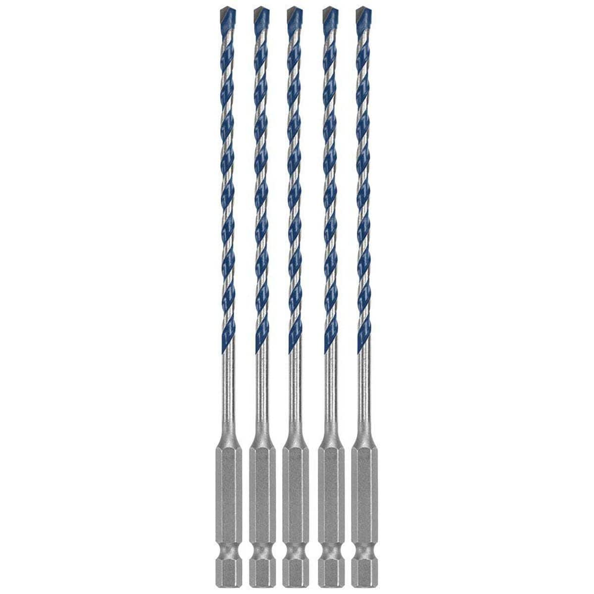 A clean studio product shot of the Bosch HCBG0205T bulk set arranged vertically and symmetrically against a crisp white background, showcasing exactly five identical BlueGranite Turbo masonry drill bits, with each individual bit detailing its solid 1/4-inch power groove hex shank base, slim body shaft, deep spiral U-flutes painted with a signature blue finish, and sharp multi-grind carbide centering tip.