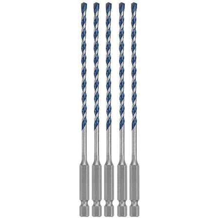 A clean studio product shot of the Bosch HCBG0205T bulk set arranged vertically and symmetrically against a crisp white background, showcasing exactly five identical BlueGranite Turbo masonry drill bits, with each individual bit detailing its solid 1/4-inch power groove hex shank base, slim body shaft, deep spiral U-flutes painted with a signature blue finish, and sharp multi-grind carbide centering tip.