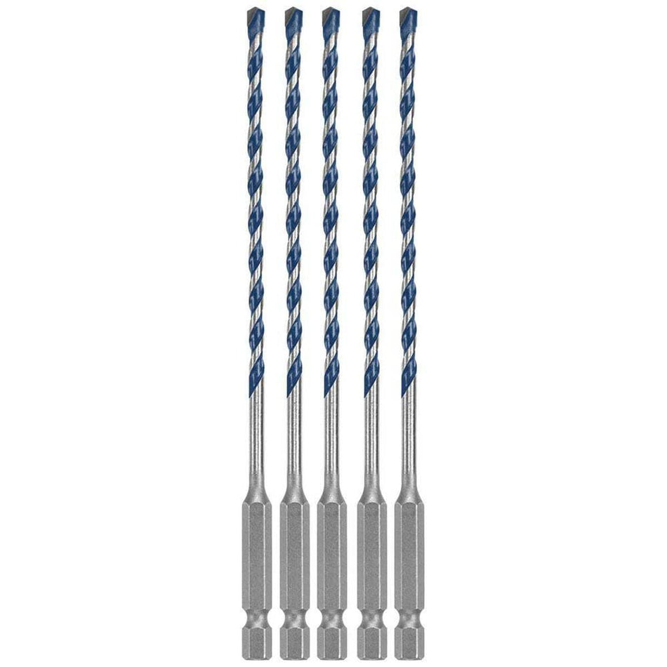 A clean studio product shot of the Bosch HCBG0205T bulk set arranged vertically and symmetrically against a crisp white background, showcasing exactly five identical BlueGranite Turbo masonry drill bits, with each individual bit detailing its solid 1/4-inch power groove hex shank base, slim body shaft, deep spiral U-flutes painted with a signature blue finish, and sharp multi-grind carbide centering tip.