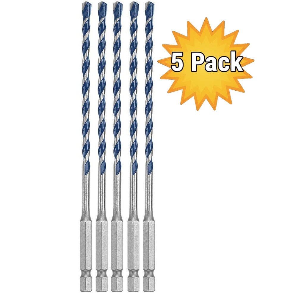 A studio product shot of the Bosch 5-piece BlueGranite Turbo carbide hammer drill bit set, featuring five identical 5/32-inch x 6-inch bits with blue flutes and silver hex shanks, accompanied by a yellow sunburst graphic stating 5 Pack.