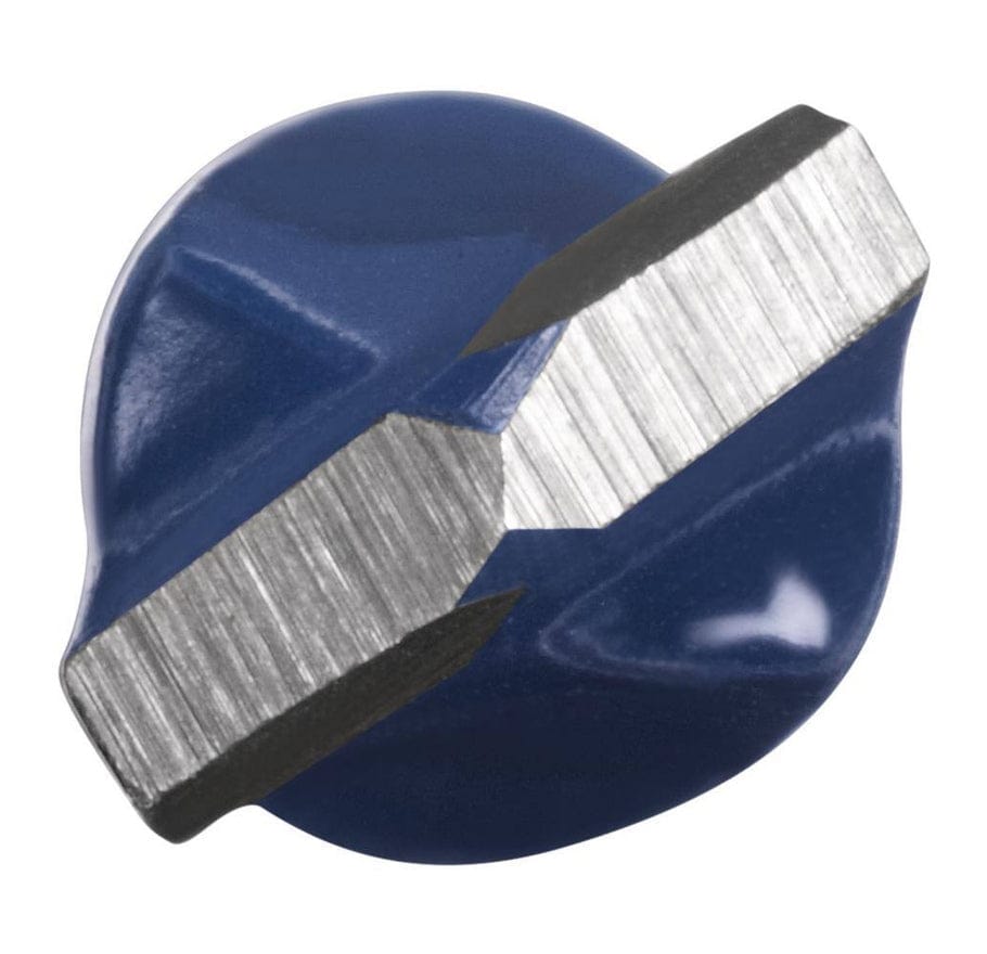 A close-up, top-down view of the drill bit head, highlighting the upgraded four-grind carbide centering tip designed for faster cutting and precise starts.