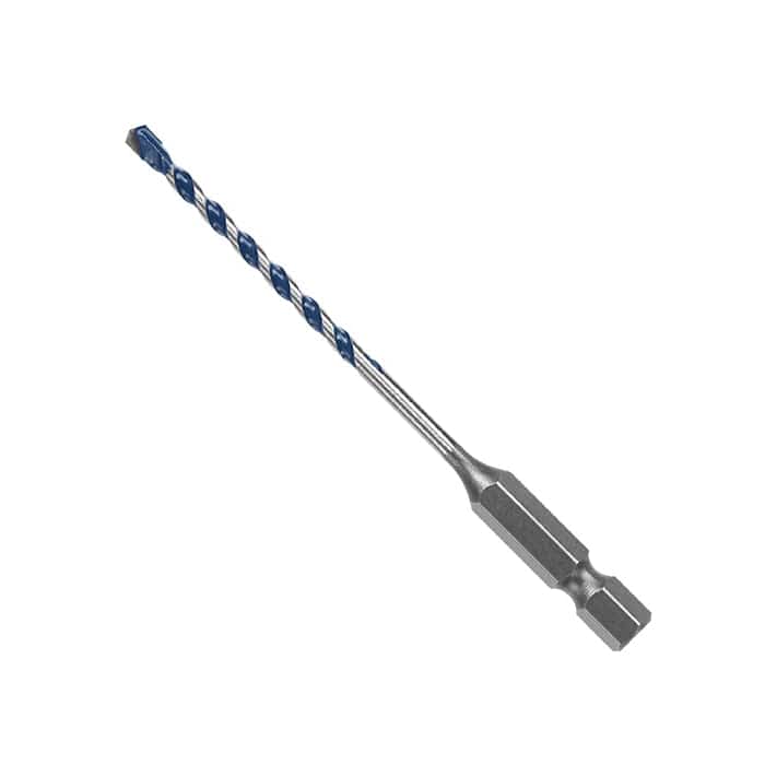 Studio view of the Bosch BlueGranite Turbo hammer drill bit, featuring a blue spiral flute design, carbide tip, and a silver hex shank for impact driver compatibility.
