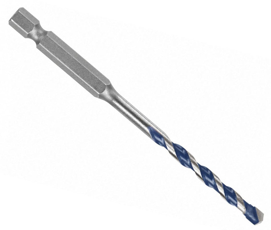 Studio view of the Bosch BlueGranite Turbo 3/16 inch hammer drill bit, featuring a blue spiral flute, carbide tip, and a silver hex shank for impact driver compatibility.