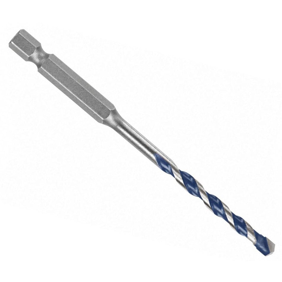 Studio view of the Bosch BlueGranite Turbo 3/16 inch hammer drill bit, featuring a blue spiral flute, carbide tip, and a silver hex shank for impact driver compatibility.