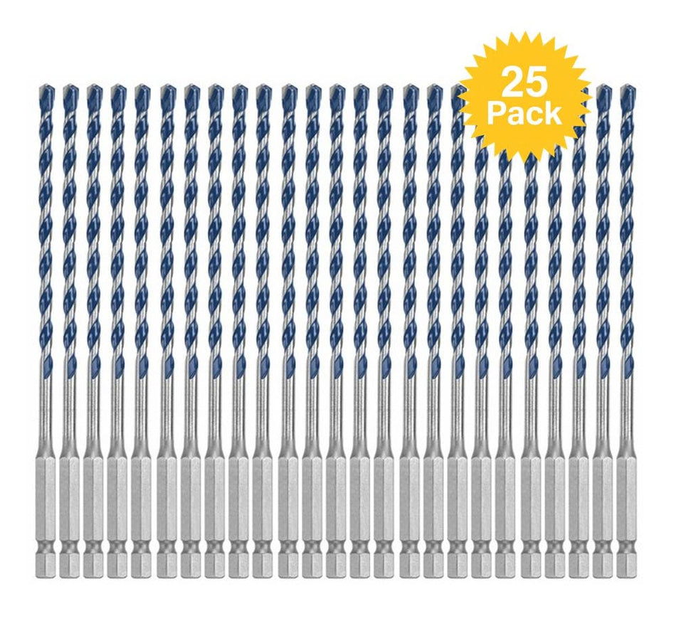 Studio view of twenty-five Bosch BlueGranite Turbo hammer drill bits arranged in a row with a yellow starburst graphic indicating a 25 Pack.
