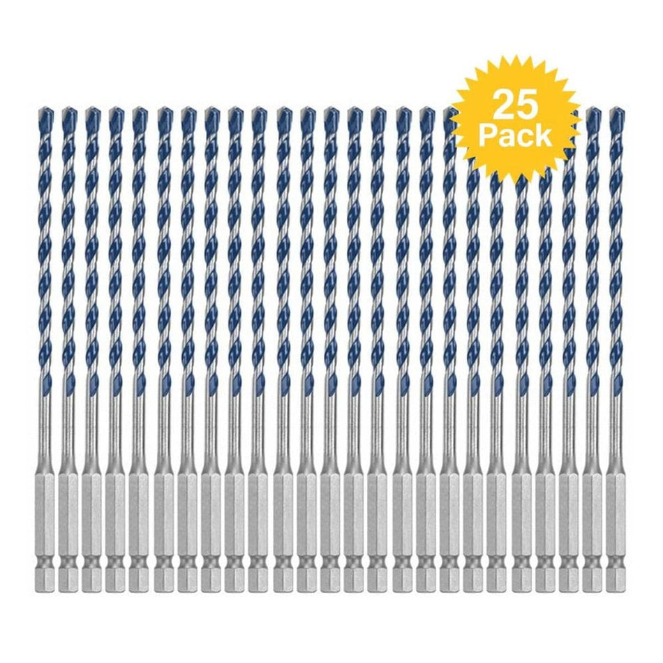 Studio view of twenty-five Bosch BlueGranite Turbo hammer drill bits arranged in a row with a yellow starburst graphic indicating a 25 Pack.