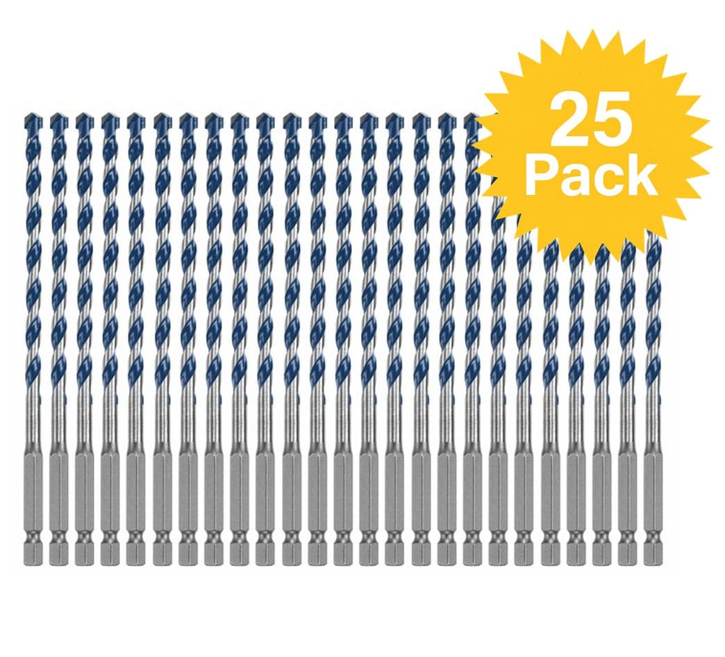 A studio product shot featuring twenty-five identical Bosch BlueGranite Turbo 7/32-inch x 6-inch hammer drill bits arranged in a precise grid, accompanied by a yellow 25 Pack starburst graphic.