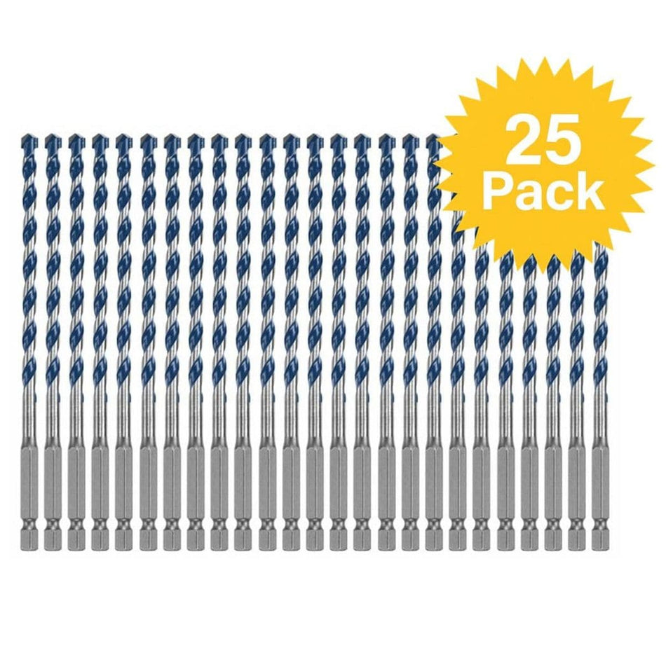 A studio product shot featuring twenty-five identical Bosch BlueGranite Turbo 7/32-inch x 6-inch hammer drill bits arranged in a precise grid, accompanied by a yellow 25 Pack starburst graphic.