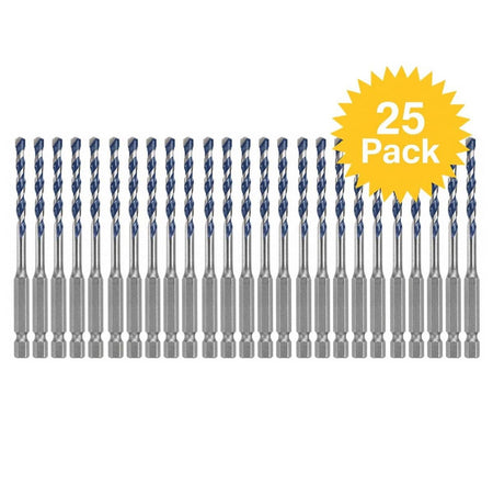 A studio product shot featuring twenty-five identical Bosch BlueGranite Turbo 7/32-inch x 6-inch hammer drill bits arranged in a precise grid, accompanied by a yellow 25 Pack starburst graphic.