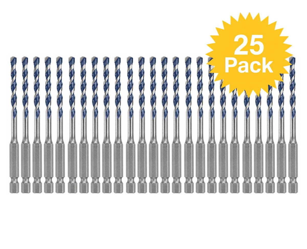 A studio product shot featuring twenty-five identical Bosch BlueGranite Turbo 7/32-inch x 6-inch hammer drill bits arranged in a precise grid, accompanied by a yellow 25 Pack starburst graphic.