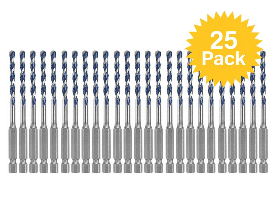 A studio product shot featuring twenty-five identical Bosch BlueGranite Turbo 7/32-inch x 6-inch hammer drill bits arranged in a precise grid, accompanied by a yellow 25 Pack starburst graphic.