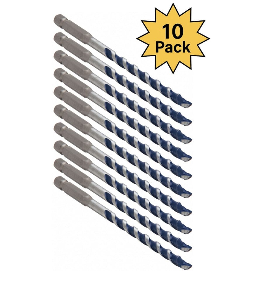 A studio product shot featuring ten identical Bosch BlueGranite Turbo 1/4-inch x 6-inch hammer drill bits arranged diagonally, accompanied by a yellow 10 Pack starburst graphic.