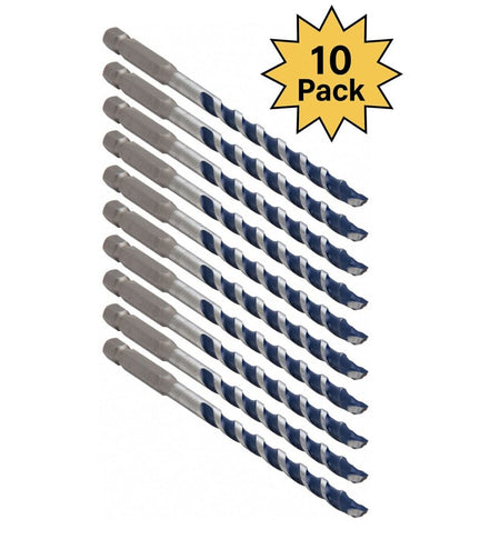 A studio product shot featuring ten identical Bosch BlueGranite Turbo 1/4-inch x 6-inch hammer drill bits arranged diagonally, accompanied by a yellow 10 Pack starburst graphic.