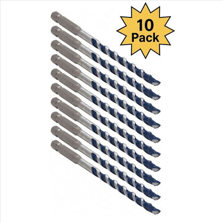 A studio product shot featuring ten identical Bosch BlueGranite Turbo 1/4-inch x 6-inch hammer drill bits arranged diagonally, accompanied by a yellow 10 Pack starburst graphic.