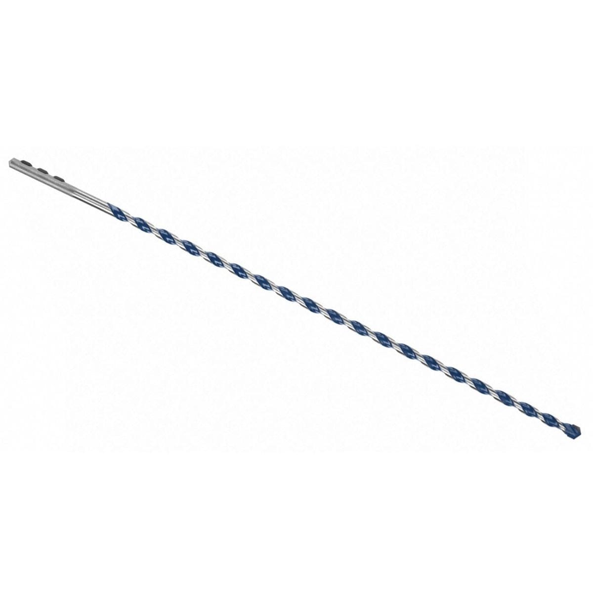 Studio view of a single Bosch BlueGranite Turbo 1/4 inch hammer drill bit showing the blue flutes and carbide tip along its 12 inch length.