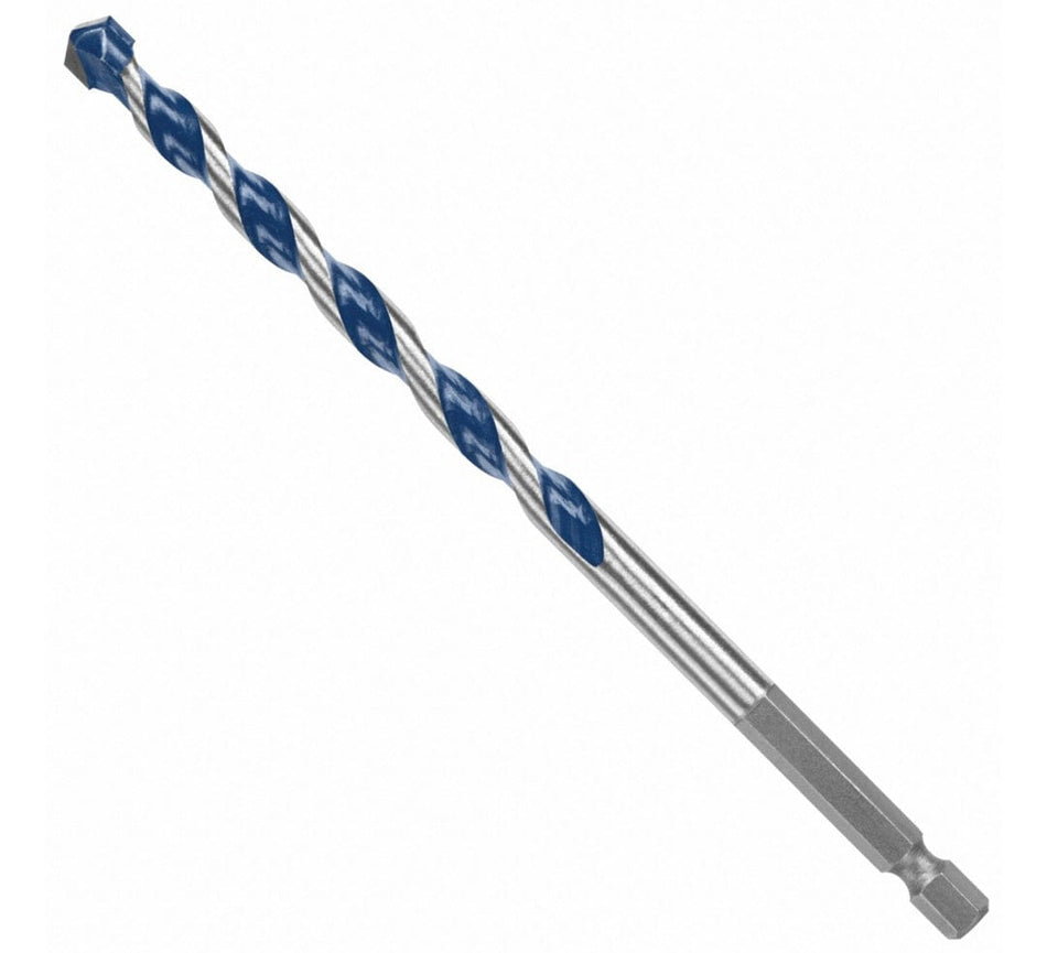 Studio view of the Bosch BlueGranite Turbo 5/16 inch hammer drill bit showing the blue flutes, carbide tip, and hex shank.