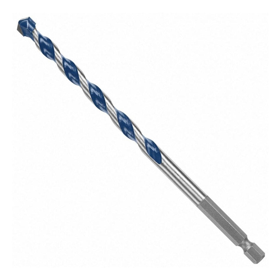 Studio view of the Bosch BlueGranite Turbo 5/16 inch hammer drill bit showing the blue flutes, carbide tip, and hex shank.