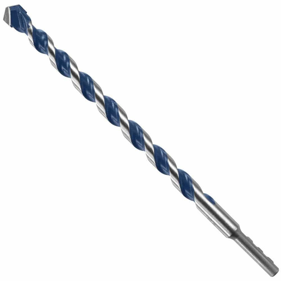 Studio view of a single Bosch BlueGranite Turbo hammer drill bit, featuring blue spiral flutes and a durable carbide tip designed for masonry applications.