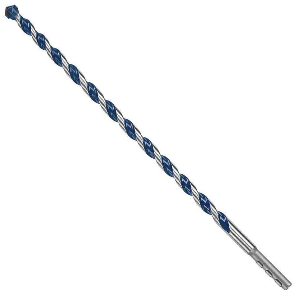 A studio product shot of the Bosch 5/16-inch x 12-inch BlueGranite Turbo carbide hammer drill bit, featuring blue flutes and a silver PowerGrip hex shank.