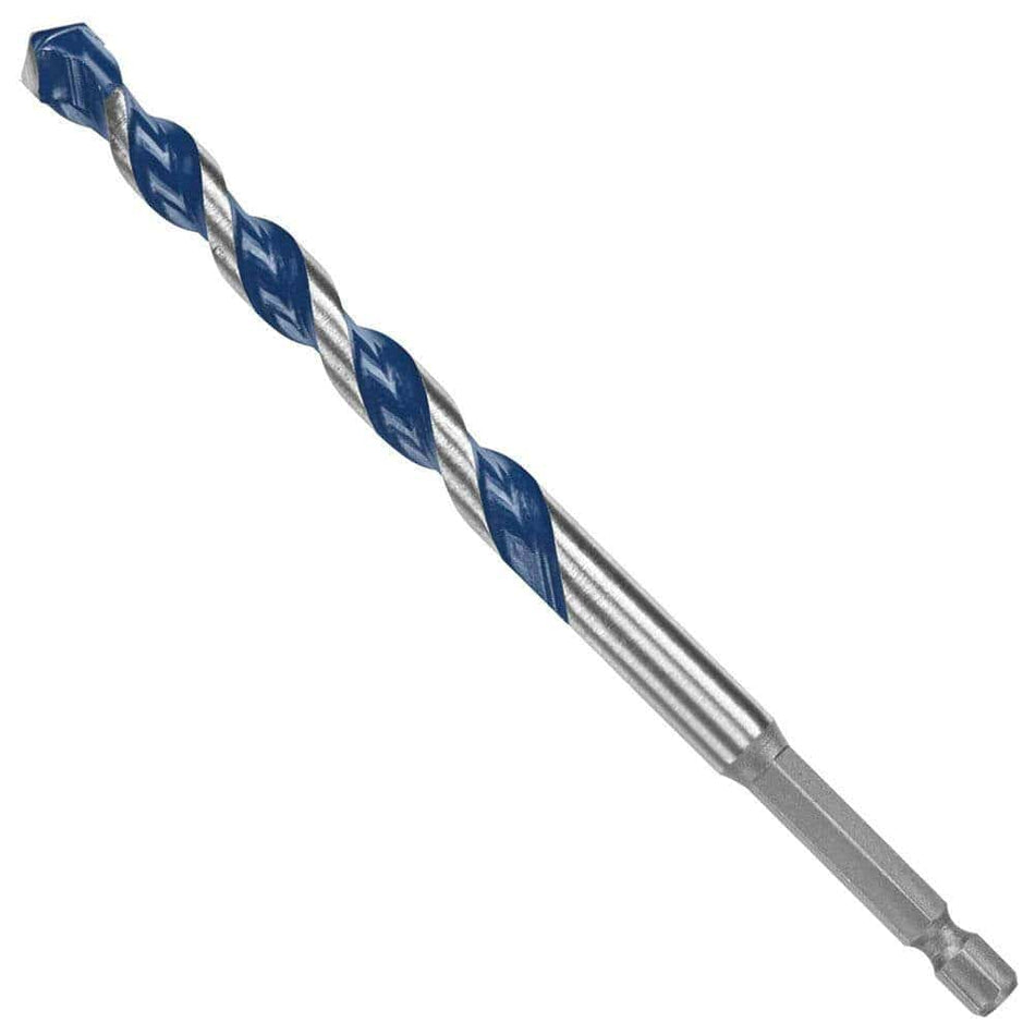 Studio view of the Bosch BlueGranite Turbo hammer drill bit, featuring a blue spiral flute and a silver PowerGrip hex shank.