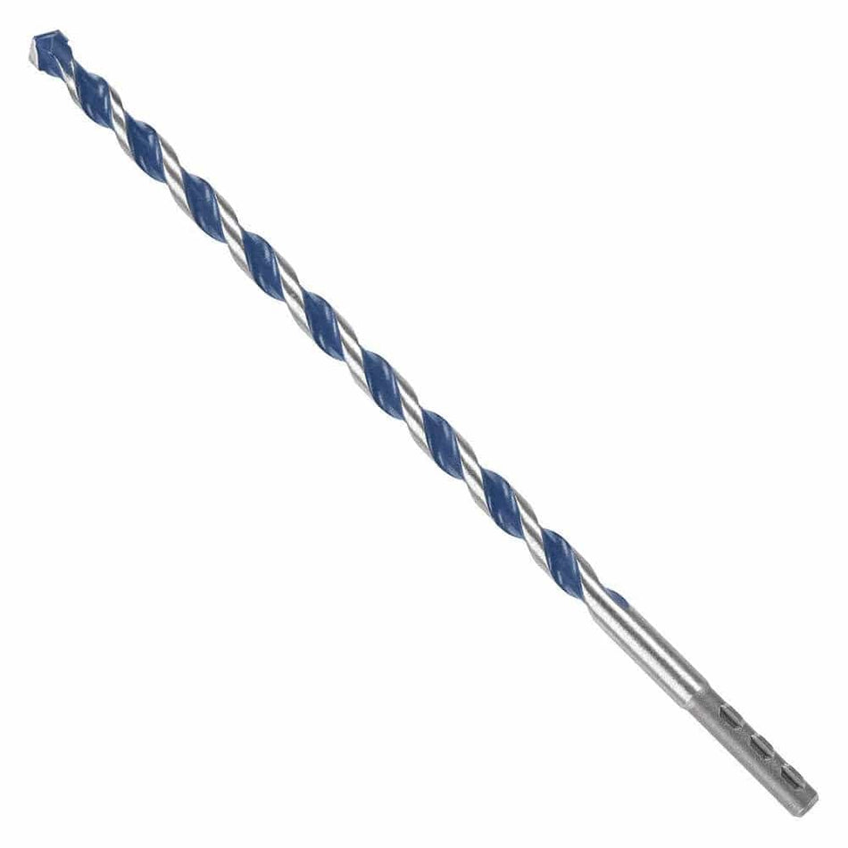 A studio product shot of the Bosch BlueGranite Turbo carbide hammer drill bit, featuring blue flutes and a silver PowerGrip hex shank.