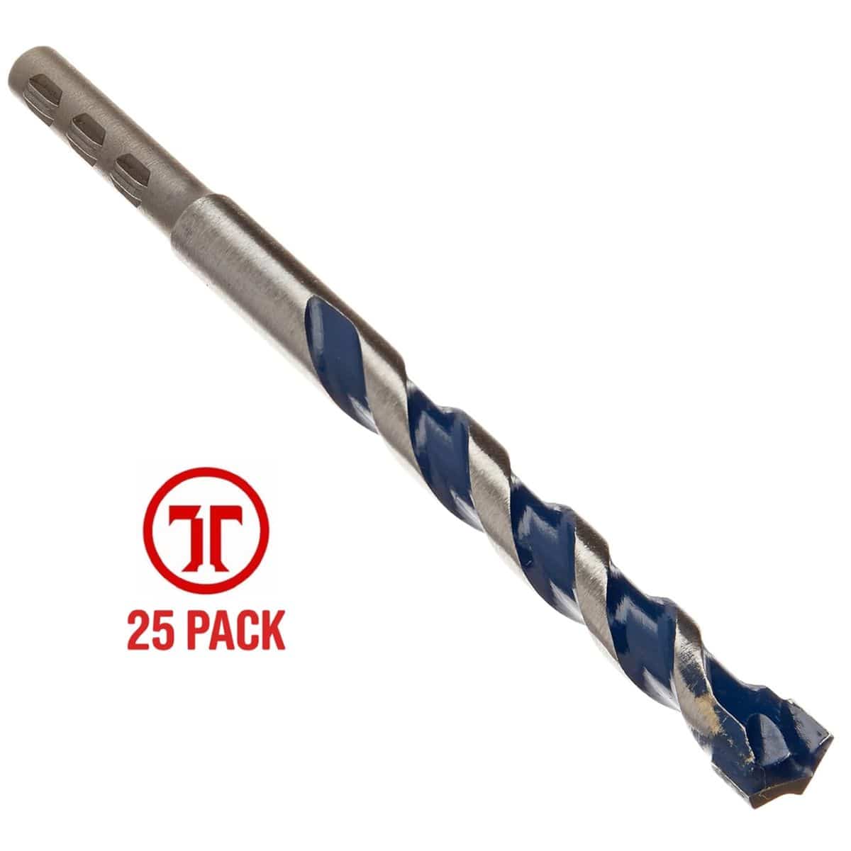 An angled studio product shot of a single Bosch HCBG15 BlueGranite Turbo carbide hammer drill bit from the 25-pack kit against a clean white background, detailing its multi-flatted PowerGrip hex shank base, solid metal body, deep spiral U-flutes with a blue finish, and high-strength multi-grind carbide centering tip next to a red circular marketing graphic callout that reads 25 Pack.