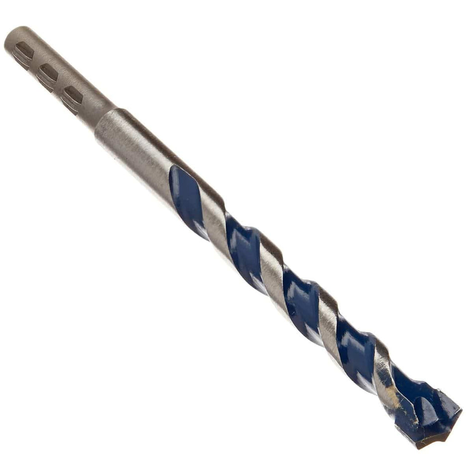 Studio view of the Bosch BlueGranite Turbo carbide hammer drill bit, featuring a blue spiral flute and a silver PowerGrip hex shank.
