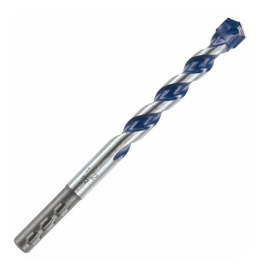 Studio view of the Bosch BlueGranite Turbo 1/2 inch hammer drill bit, featuring blue spiral flutes, a robust carbide tip, and a silver PowerGrip hex shank designed for secure chucking.