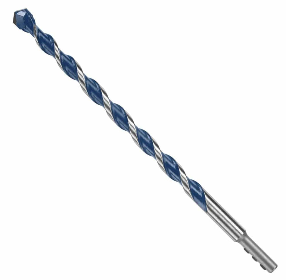 A studio product shot of the Bosch 1/2" x 12" BlueGranite Turbo carbide hammer drill bit, featuring signature blue flutes and a silver impact-rated hex shank.