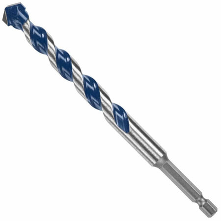 Angled studio view of the Bosch BlueGranite Turbo 5/8 inch hammer drill bit showing the blue flutes and carbide tip.