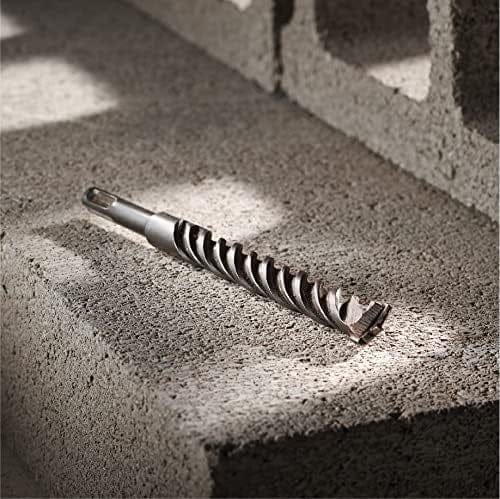 Studio lifestyle shot of the drill bit resting on a rough concrete cinder block.