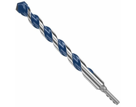 A studio product shot of the Bosch 7/8-inch x 12-inch BlueGranite Turbo carbide hammer drill bit, featuring signature blue flutes and a silver impact-rated hex shank.