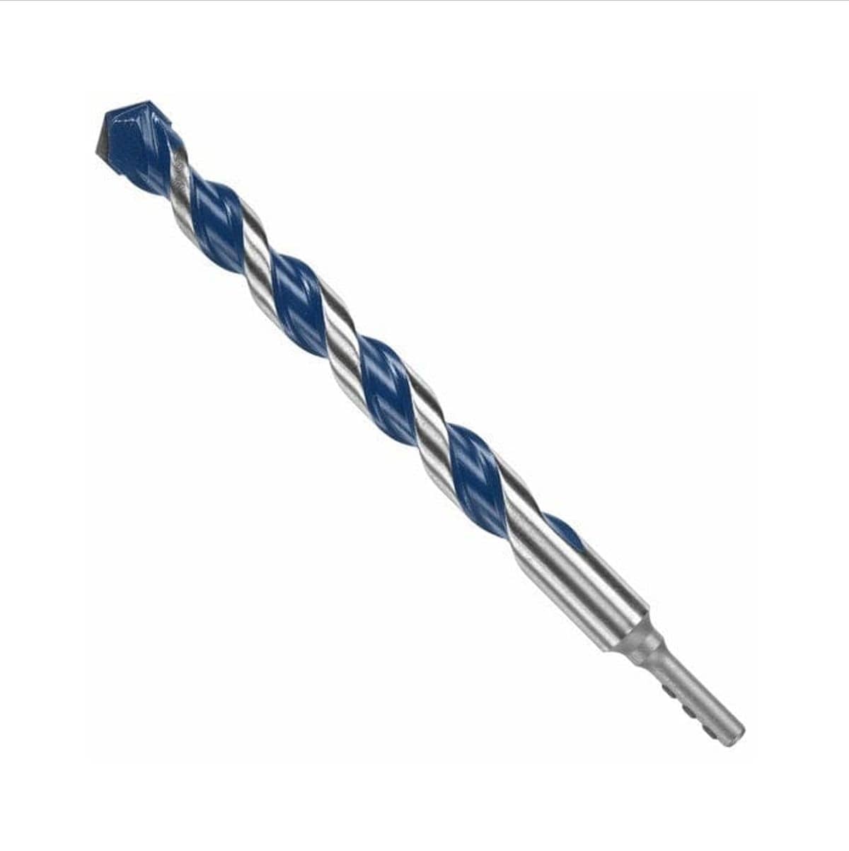 A studio product shot of the Bosch 7/8-inch x 12-inch BlueGranite Turbo carbide hammer drill bit, featuring signature blue flutes and a silver impact-rated hex shank.