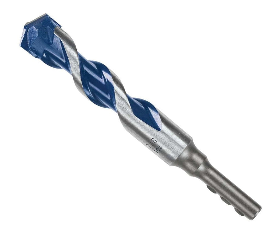 Studio view of the Bosch BlueGranite Turbo 7/8 inch hammer drill bit, featuring blue spiral flutes, a robust carbide tip, and a silver PowerGrip hex shank designed for secure chucking.