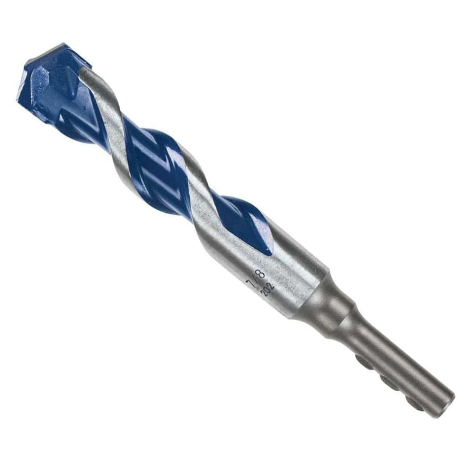 Studio view of the Bosch BlueGranite Turbo 7/8 inch hammer drill bit, featuring blue spiral flutes, a robust carbide tip, and a silver PowerGrip hex shank designed for secure chucking.