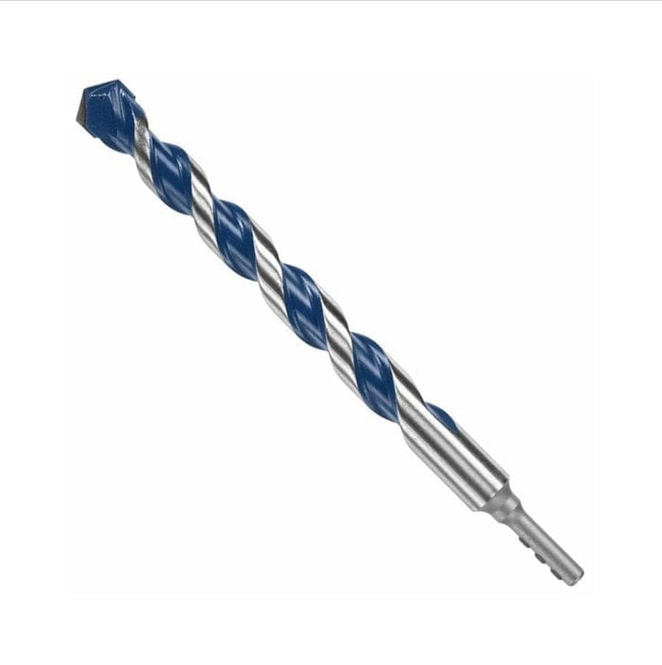 A studio product shot of the Bosch 7/8-inch x 12-inch BlueGranite Turbo carbide hammer drill bit, featuring signature blue flutes and a silver impact-rated hex shank.