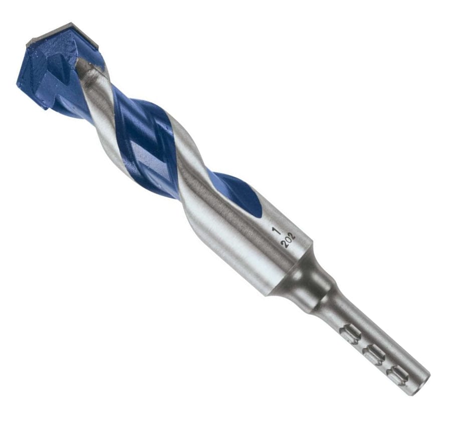 Studio view of the Bosch BlueGranite Turbo 1 inch hammer drill bit, featuring blue spiral flutes, a robust carbide tip, and a silver PowerGrip hex shank designed for secure chucking.