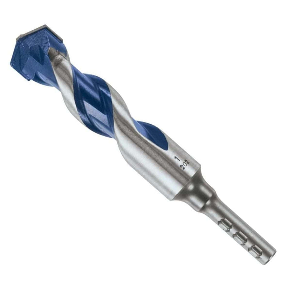 Studio view of the Bosch BlueGranite Turbo 1 inch hammer drill bit, featuring blue spiral flutes, a robust carbide tip, and a silver PowerGrip hex shank designed for secure chucking.