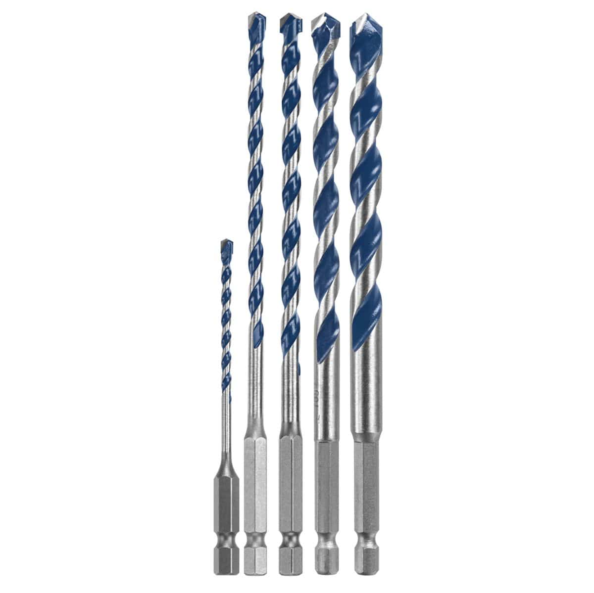 A front-facing studio product shot of the five diverse drill bits included in the Bosch HCBG500T masonry kit arranged by size from shortest to tallest against a white background, highlighting their individual 1/4-inch hex mounting shanks and varying lengths of blue-painted spiral flutes.